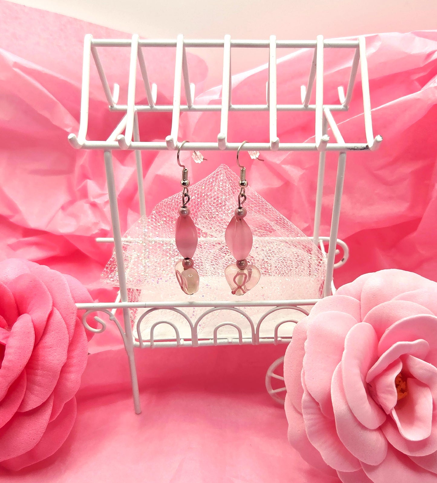 Pink Beaded Glass Heart Earrings - Limited Edition