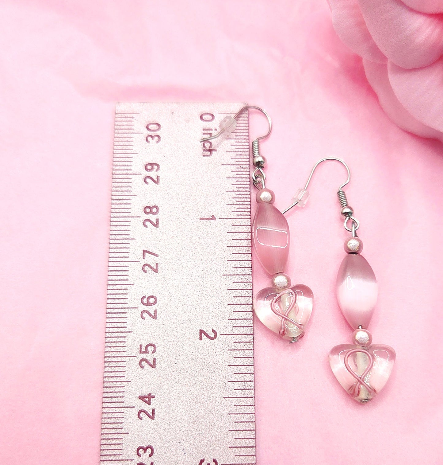 Pink Beaded Glass Heart Earrings - Limited Edition