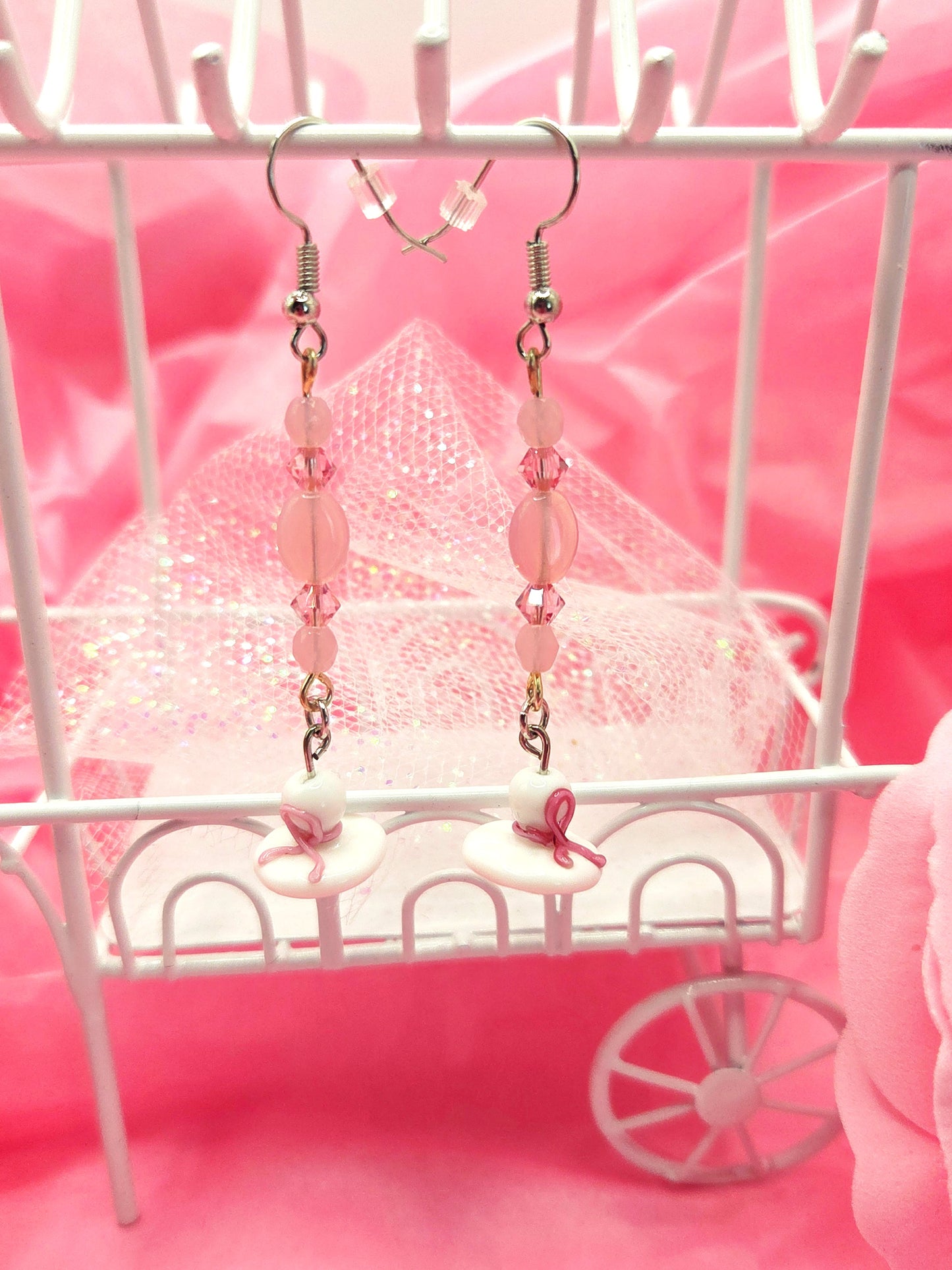 Pink & White Diva Hat Earrings - One-of-a-Kind