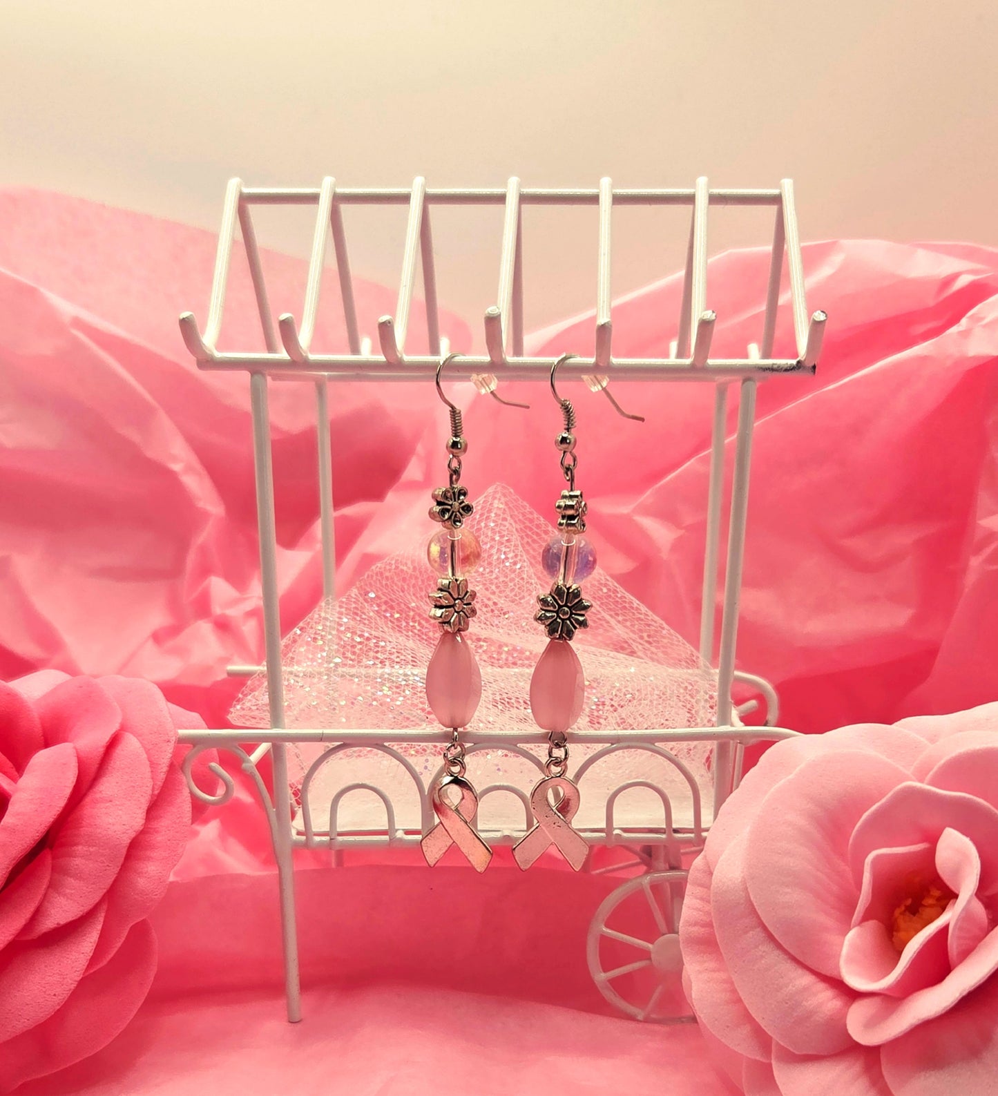 Silver Ribbon & Pink Bead Earrings - Limited Edition