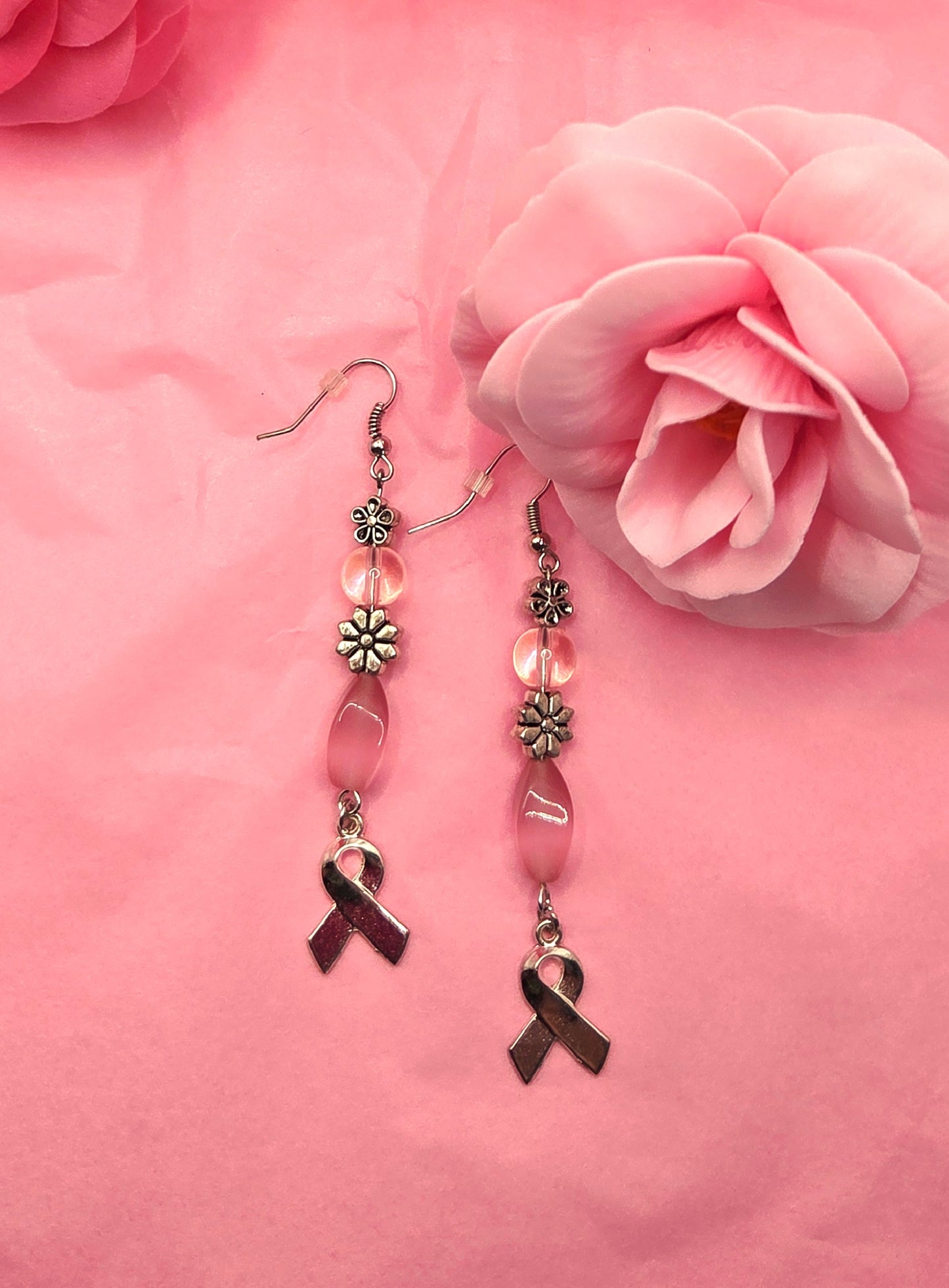 Silver Ribbon & Pink Bead Earrings - Limited Edition