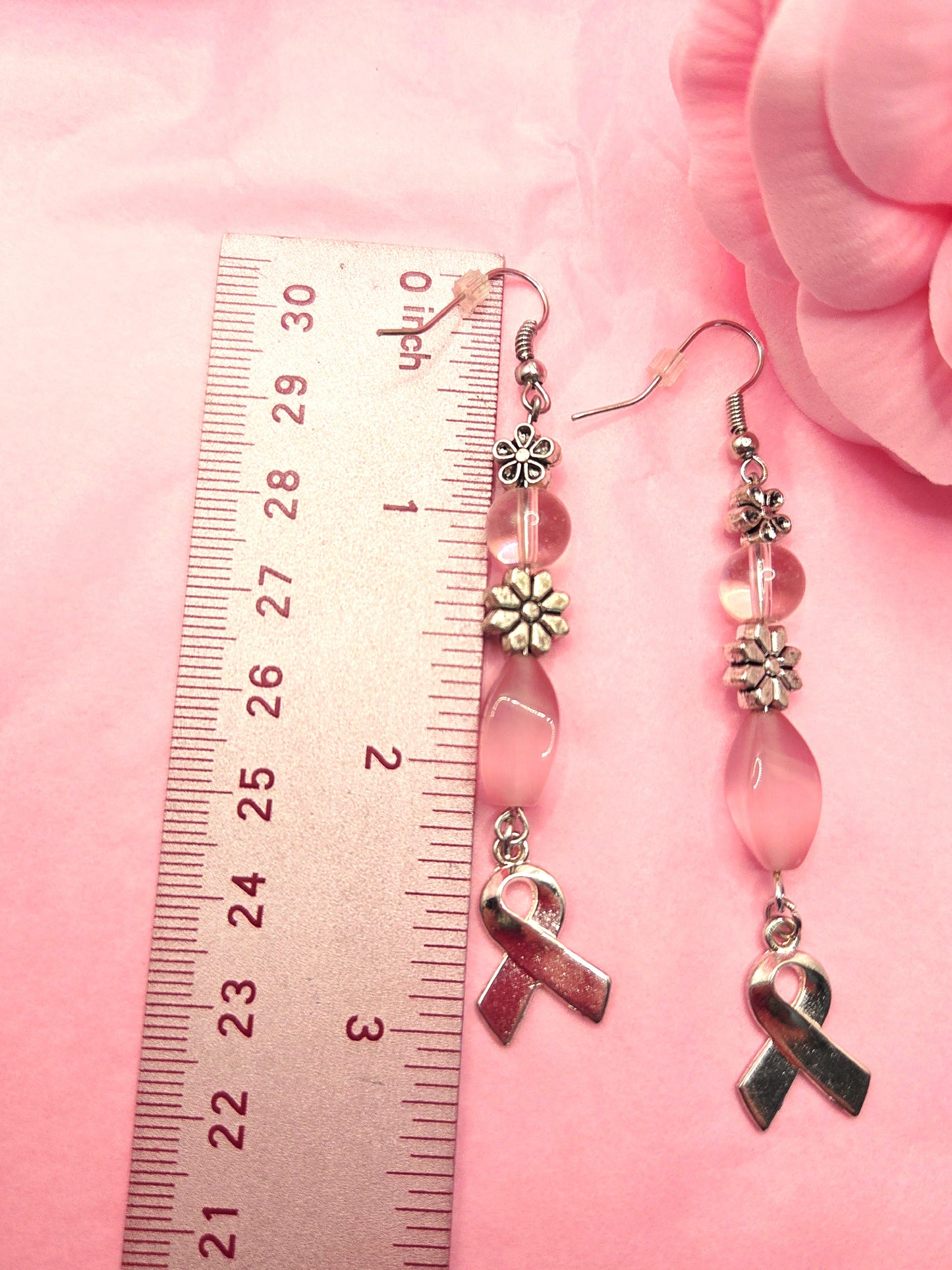 Silver Ribbon & Pink Bead Earrings - Limited Edition