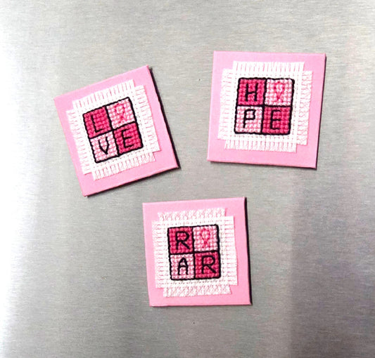 Pink Ribbon Cross-Stitch Magnet Set - Hope, Love, Roar - Limited Edition