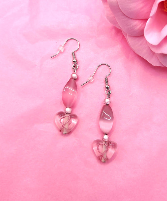 Pink Beaded Glass Heart Earrings - Limited Edition