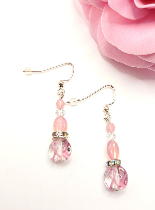 Pink Ribbon Glass Bead Earrings - Limited Edition