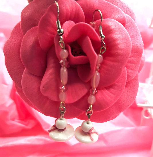 Pink & White Diva Hat Earrings - One-of-a-Kind