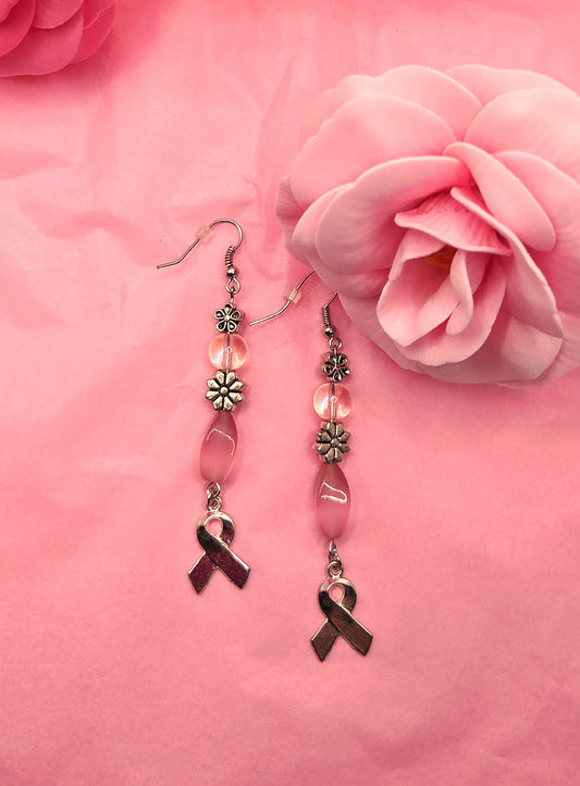 Silver Ribbon & Pink Bead Earrings - Limited Edition